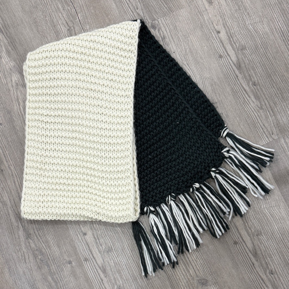 Black and White Knit Scarf with Fringe